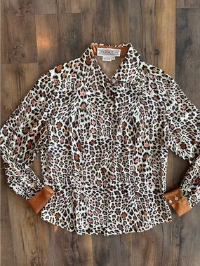 Starington 100% Silk Leopard Print Blouse Hidden Button Shirt Size 10